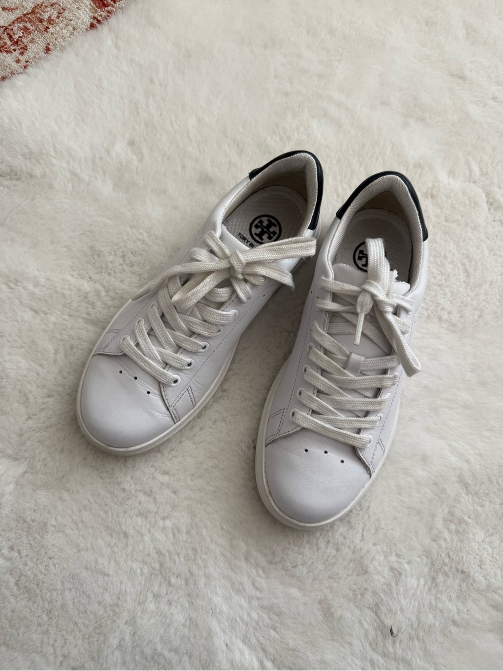 Tory Burch White Leather Low-Top Sneakers with Black Heel Accent